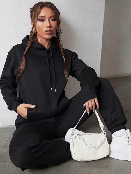 

women's solid drawstring detail thermal lined sweatshirt sweatpants, White