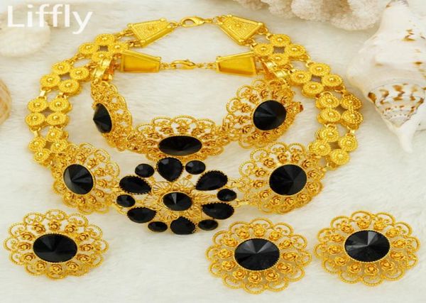 

bridal jewelry set nigerian wedding dubai gold jewelry sets for women african big flowers necklace earrings jewellery2386833, Black