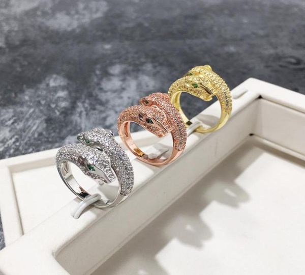 

fashion lady brass full diamond green eyes double leopard panther wedding engagement 18k gold plated open rings 3 color o5822007, Slivery;golden