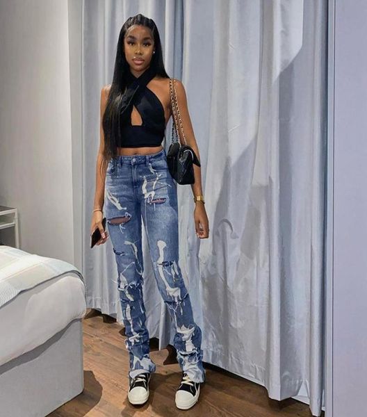 

women washed worn fit jeans summer fashional hole ripped edge whitened straight shape pants high waist9605504, Blue