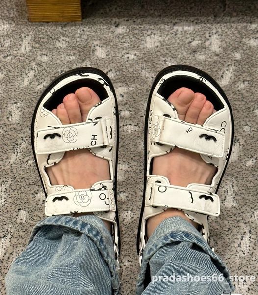 

2023 fashion new magic tape beach sandals for woman shoes fendl multicolor summer holiday double vacation sandal cd real leather slippers qu, Black