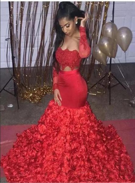 

red mermaid prom dresses cutaway sides appliques 3d flowers train african long sleeves evening dress for black girls formal p6985417