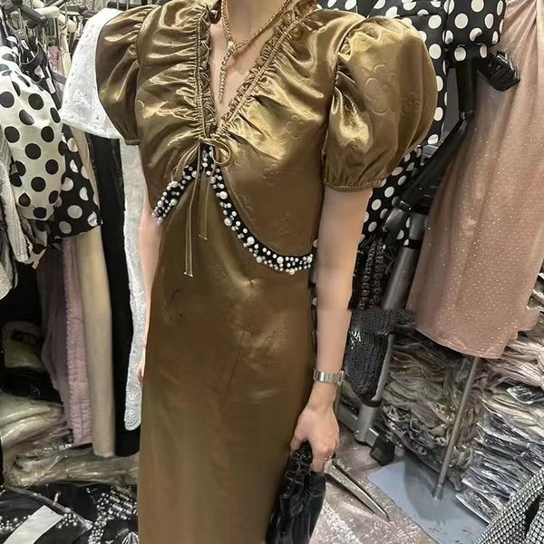 

design sense heavy, small fragrance, work nail beads, slim fit, v-neck, bubble sleeve dress for women 2023 new long dress, Black;gray