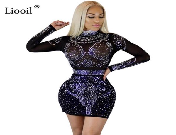 

liooil women crystal dress long sleeve bodycon see through mesh dress black wine red apricot diamonds club party dresses3722107, White;black