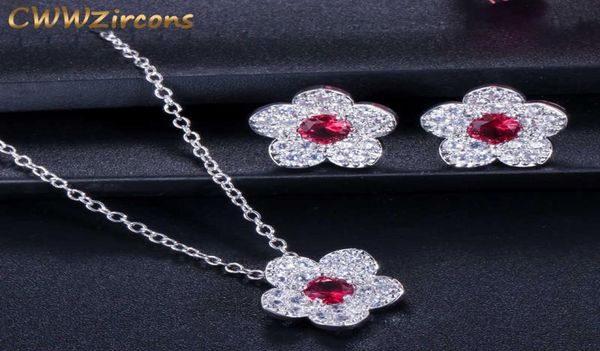 

korean fashion brand ladies jewelry red cubic zirconia stone flower pendant necklace and earring sets for women t137 2107146863861, Silver