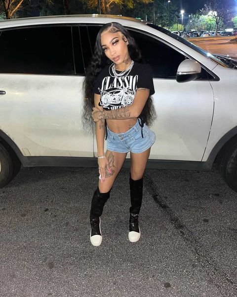 

spicy girl summer new motorcycle print t-shirt short lace up, White