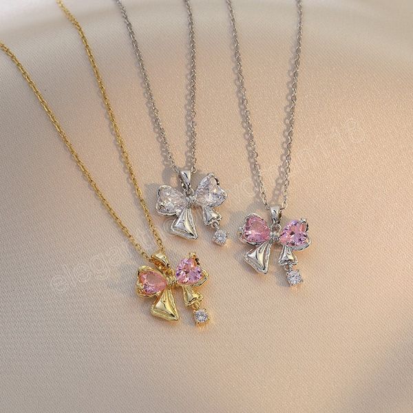 

french fashion design pink crystal bow necklace for women princess pendant birthday party jewelry gifts for girl, Silver