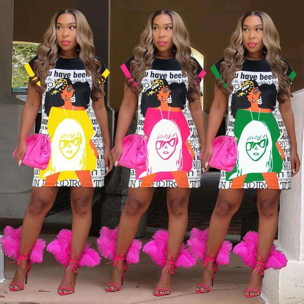 

fashion womens wear cartoon character letter printed short skirt round neck stitching sleeves dress, Black;gray