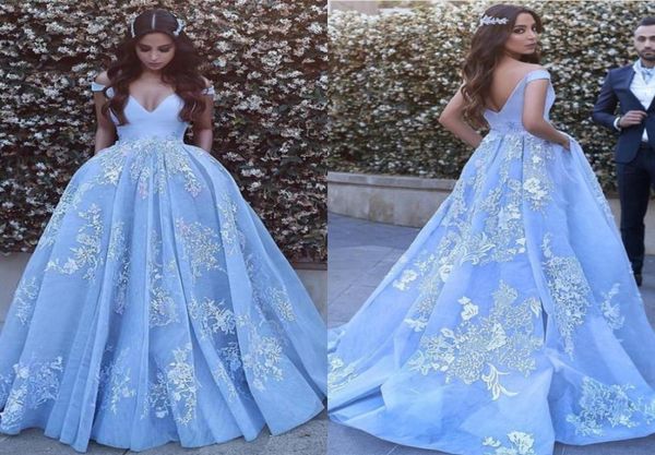 

light sky blue ball gown evening dresses off shoulder appliques lace tulle organza backless formal evening dress prom dress6425131, Black;red
