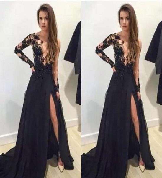 

2017 long black prom dresses appliques deep vneck long sleeves side split evening party gowns custom made vestisdos de novia5877466