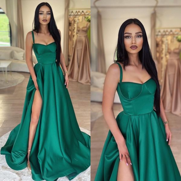 

elegant a line green prom dresses spaghetti evening gowns pleats slit formal long special occasion party dress, Black