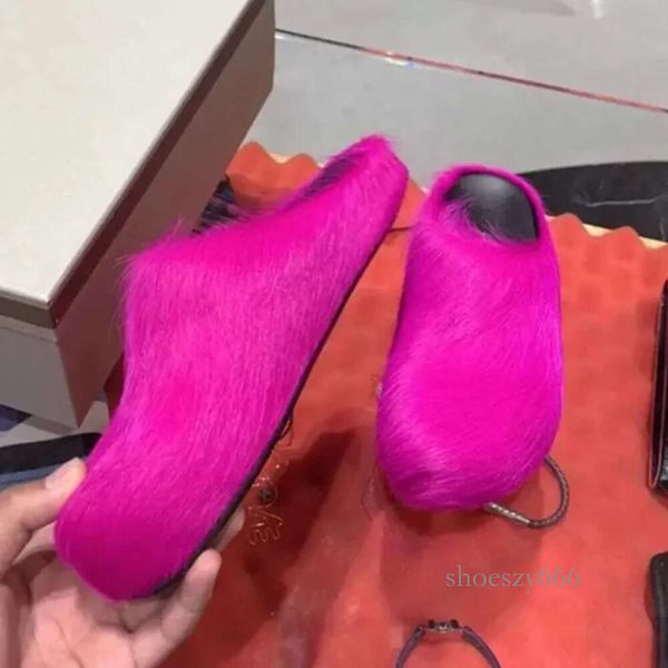 

fashion fur slippers women round toe horse hair slides female black rose red green mules shoes flat half slipper woman casual plush1