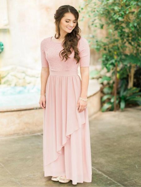 

blushing pink lace chiffon long modest bridesmaid dresses with half sleeves country wedding bridesmaids dresses boho sleeved custo9784765, White;pink