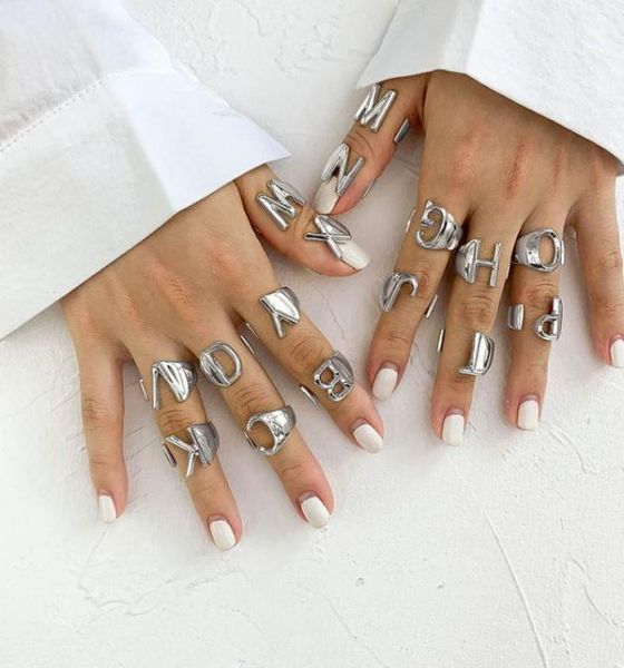 

silver color metal 26 letter open hollow finger rings 2019 vintage adjustable stacking wide chunky az ring women jewelry13436516990073