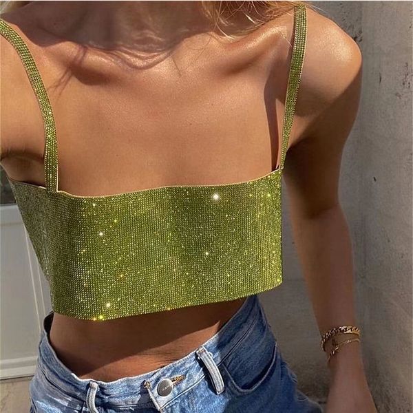 

women's tanks camis glitter full polyester women crop fashion solid off shoulder backless spaghetti strap woman party 230715, White