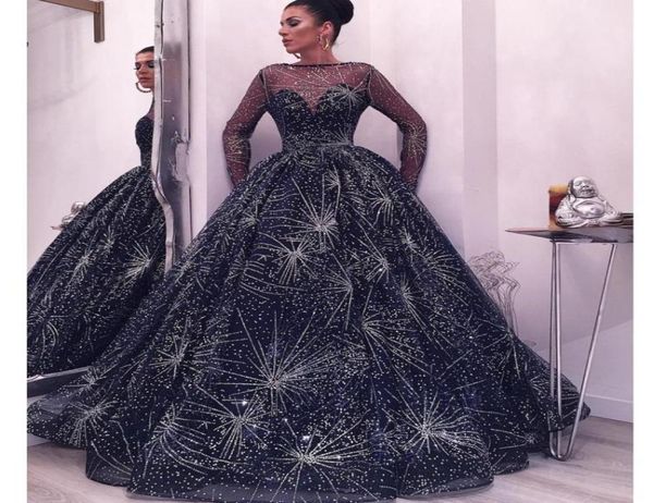 

beautiful starry gown evening dresses fashion bateau neck long sleeve fluffy prom dress luxury dubai saudi arabia celebrity red ca7264904, Black;red
