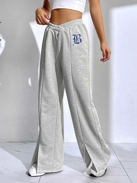 

women's graphic split wide leg pants, White