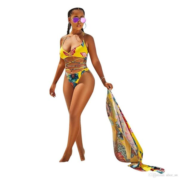 

new arrival 3 pieces women swimsuit 2018 swimwear bikini set floral printed cover ups brazilian high waist thong cardigan bat4167591