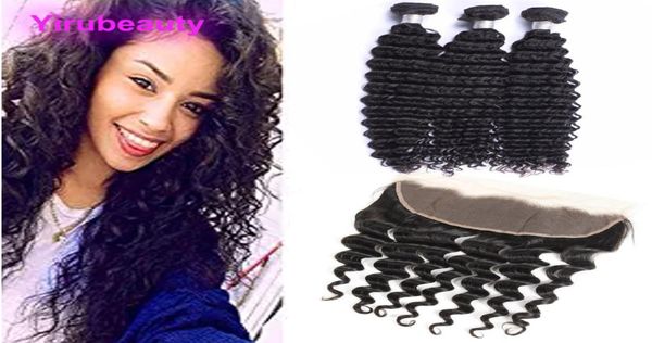 

malaysian human hair ear to ear lace frontal with three bundles deep wave 13x4 lace frontals bundles natural color9520683, Black;brown