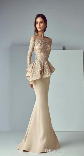 

2019 sheer neck champange mermaid prom dresses elegant long sleeves floor length lace evening dresses9583401, Black