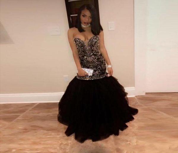 

black mermaid 2019 prom dresses plus size sweetheart illusion sleeveless zipper floorlength tulle beaded tiered skirts eveni4695790
