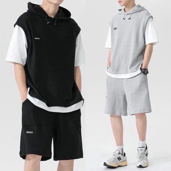 

men's tracksuits summer large size sports suit breathable casual wear wild high street chic fake twopiece tshirt simple shorts 230715, Gray