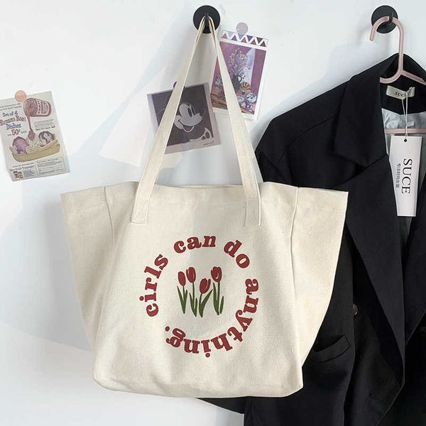 

cute color matching tulip single shoulder canvas bag simple small fresh student class handbag tote bag seal