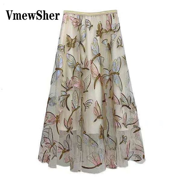 

skirts vmewsher sequins dragonfly embroidery tulle skirt women spring summer elegant elastic high waist mesh chic office lady mid calf 23071, Black