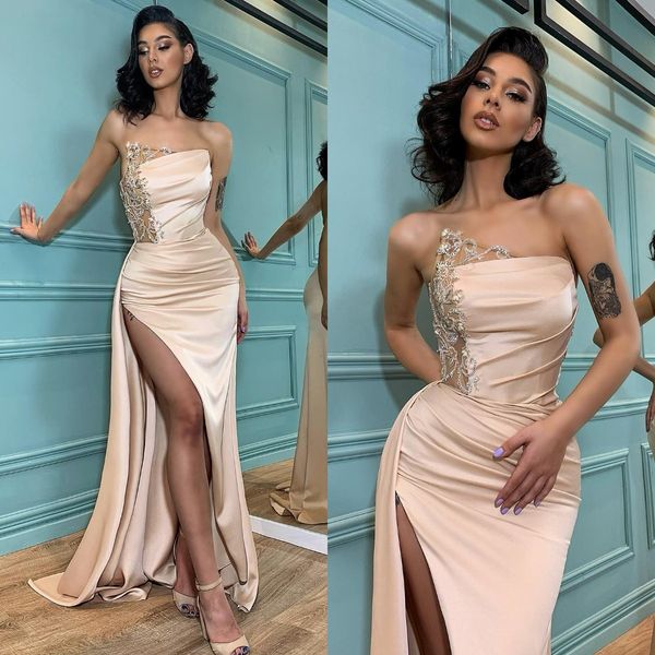 

fashion champagne prom dresses strapless evening gowns beading pleats slit formal red carpet long special occasion party dress, Black