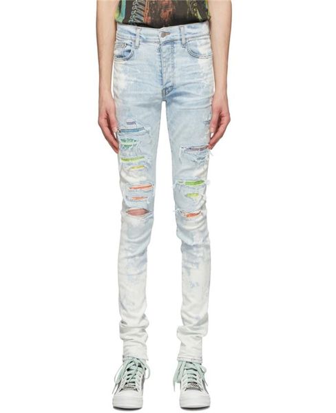 

high street spring and summer blue rainbow rhine splash ink destroy slim fit elastic hole jeans hq227699874