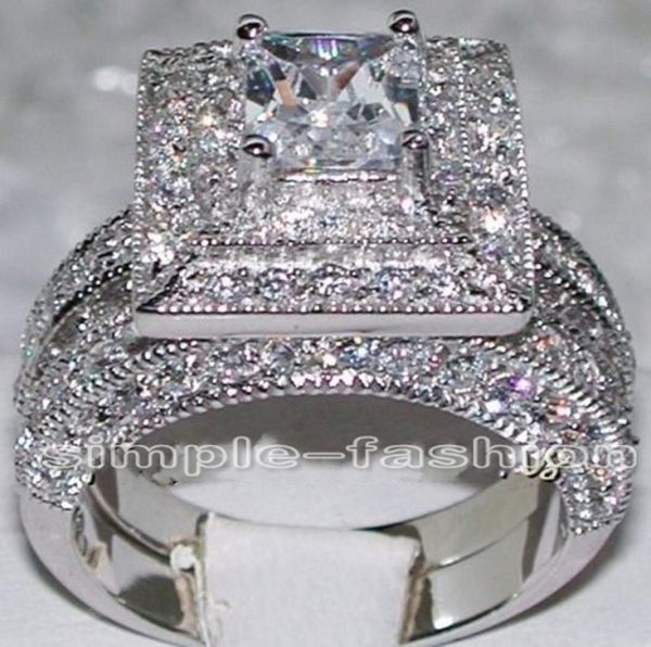 

fashion jewelry 2in1 engagement jewelry handmade gem 5a zircon stone 14kt white gold filled wedding band ring set sz 5113224653, Slivery;golden