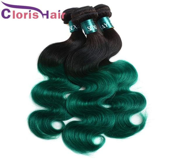 

shiny turquoise green ombre body wave brazilian virgin human hair bundles dark roots wavy weave 100gpcs tight sew in colored exte4039431, Black
