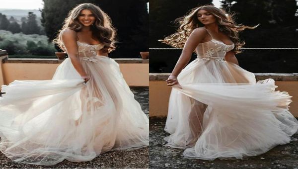 

new berta bohemian wedding dresses spaghetti lace appliqued tulle a line beach wedding dress custom made vestidos de novia3424226, White