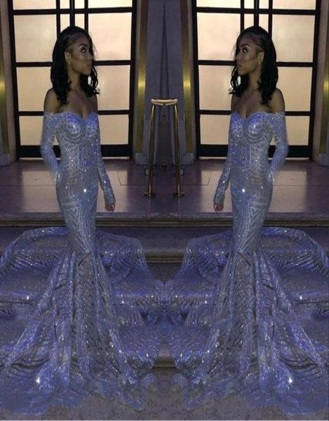 

black girl silver sparkling sequins offtheshoulder mermaid prom dresses long sleeves sweep train reflective formal party evening2509817