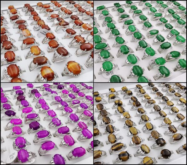 

whole 20pcslot new fashion agate ring silver plated oval shape finger ring for party gift mixed style luxury charm jewelry5481441