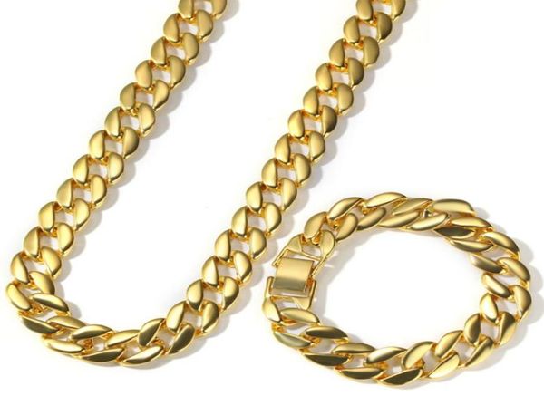 

yellow white gold plated cuban chain necklace bracelet set for men cool hip hop jewelry gift6081145, Silver