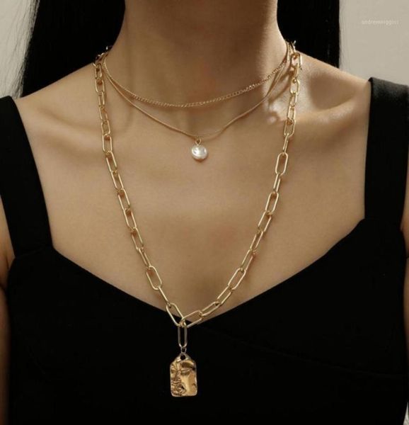 

chokers punk multi layer imitation pearl choker necklace collar statement square head portrait relief pendant women jewelry12954367, Golden;silver
