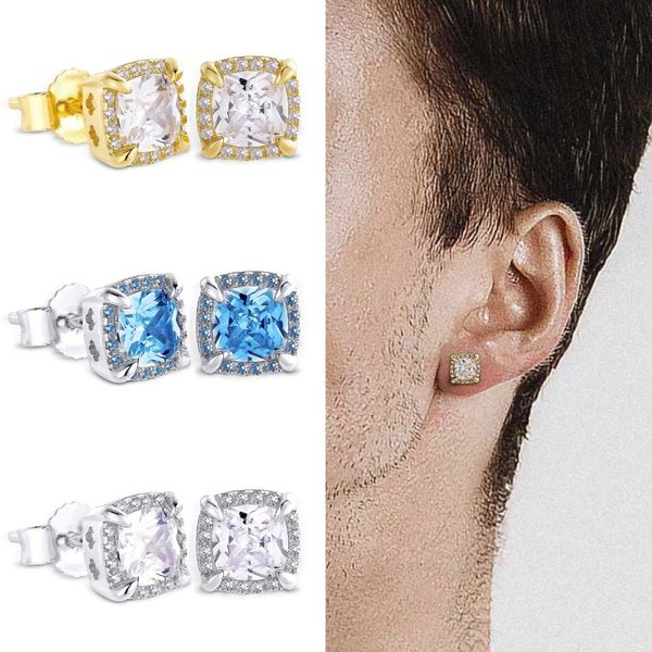

hip hop rapper men stud earrings jewelry gold silver foursquare diamond 8mm colored square big zircon earrings night club jewelry accessorie, Golden