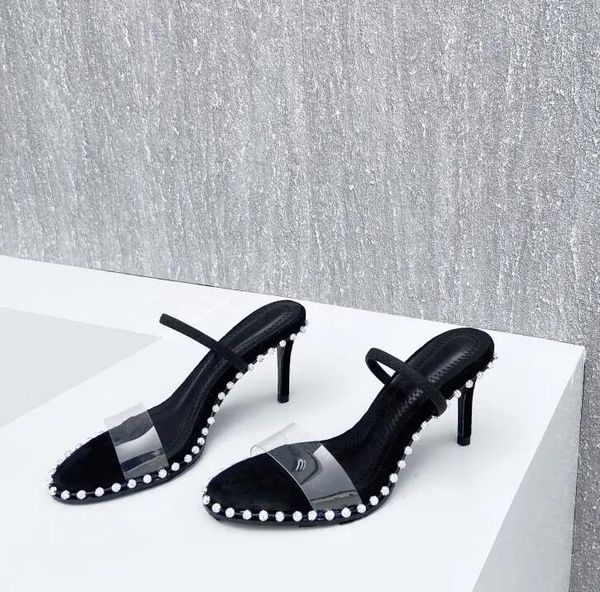 

agrade rhinestone real leather studded sling back sandals sandals nova high heels size 34-40, Black