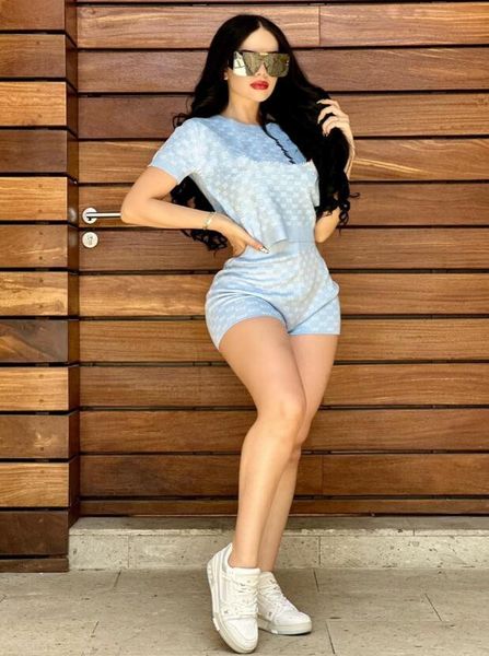 

j2870 european american women's tracksuits fashion casual printed short sleeve shorts suit, Gray