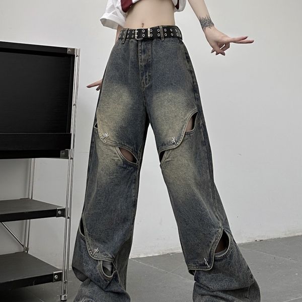

women s jean bottoms vintage blue hole high waist casual straight wide leg pants street baggy mopping denim trouser ladies 230715