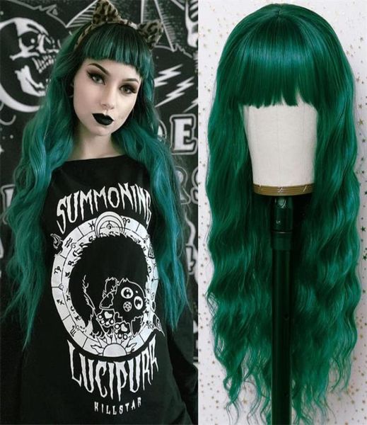 

green synthetic wig with bangs cosplay perruques simulation human hair headband wigs wave pelucas 22 inches rxg91676105072, Black