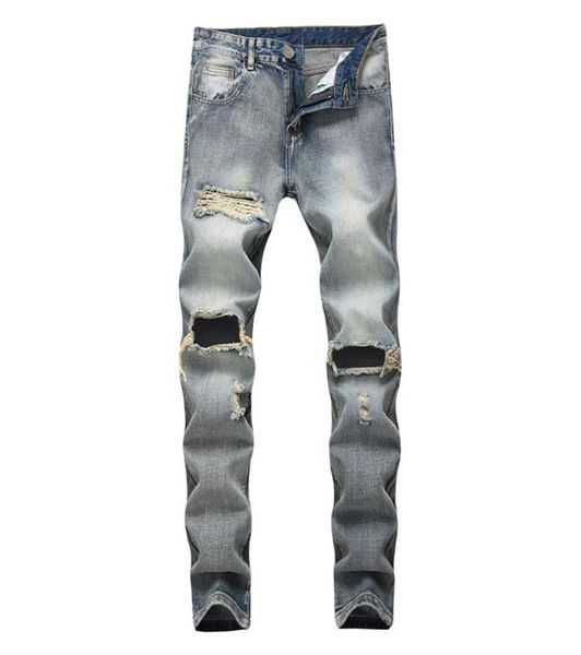 

men039s jeans fashionable knee hole straight denim men brand motorcycle cotton pants elastic destruction tear design pant1979436, Blue
