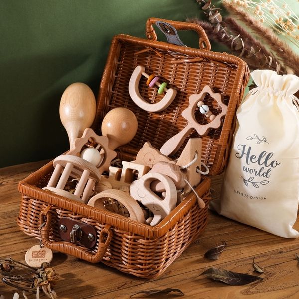 

gift sets baby wooden rattle beech bear hand teething wooden ring rattles play gym montessori stroller toy set baby birth vintage box gift 2