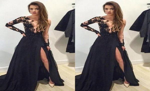 

prom dresses side split black chiffon a line with long illusion sleeve appliques chiffon vestido longo evening dress applique2878487