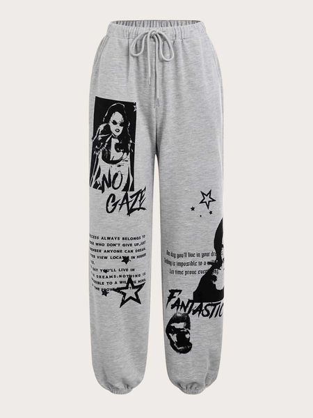

women's slogan figure graphic drawstring waist sweatpants, White