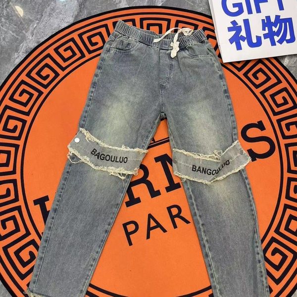 

new knee patch denim jeans, men's detachable drawstring, niche, versatile straight leg pants, temperament pants, men, Blue