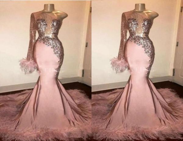 

glitter sequin long sleeve mermaid pink black girl prom dress with feathers train one shoulder african formal evening gowns7071108