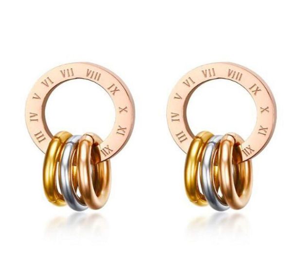 

womens rose gold stainless steel 3 rings roman numerals dangle drop stud piercing earrings2500835, Silver