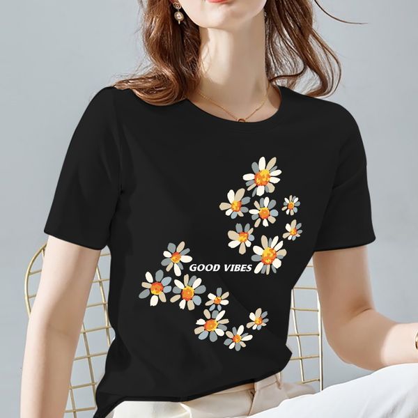 

women's tshirt black allmatch female tshirt summer casual round neck tshirt daisy pattern printing series fashion female clothing shirt, White